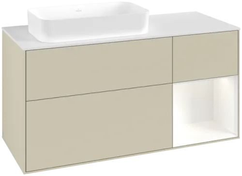 VILLEROY BOCH Toaletní skříňka Finion, s osvětlením, 3 výsuvy, 1200 x 603 x 501 mm, Silk Grey Matt Lacquer / White Matt Lacquer / Glass White Matt #F691MTHJ