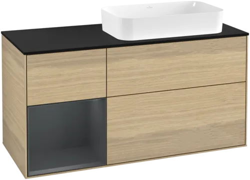 VILLEROY BOCH Toaletní skříňka Finion, s osvětlením, 3 výsuvy, 1200 x 603 x 501 mm, dubová dýha / půlnočně modrý matný lak / černé matné sklo #F682HGPC