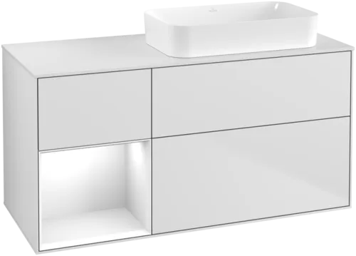 VILLEROY BOCH Umyvadlová skříňka Finion, s osvětlením, 3 výsuvy, 1200 x 603 x 501 mm, bílý matný lak / bílý lesklý lak / bílé matné sklo #F681GFMT