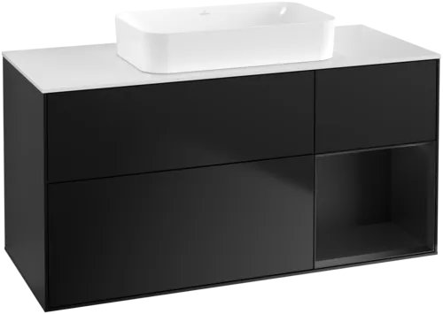 VILLEROY BOCH Toaletní skříňka Finion, s osvětlením, 3 výsuvy, 1200 x 603 x 501 mm, černý matný lak / černý matný lak / sklo bílé matné #F711PDPD