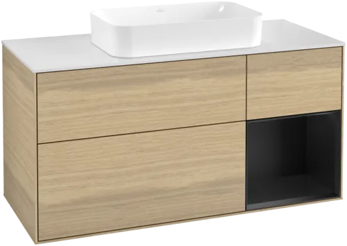 VILLEROY BOCH Toaletní skříňka Finion, s osvětlením, 3 výsuvy, 1200 x 603 x 501 mm, dubová dýha / černý matný lak / bílé matné sklo #F711PDPC