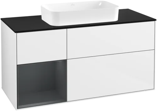 VILLEROY BOCH Toaletní skříňka Finion, s osvětlením, 3 výsuvy, 1200 x 603 x 501 mm, lesklý bílý lak / půlnoční modrý matný lak / černé matné sklo #F702HGGF
