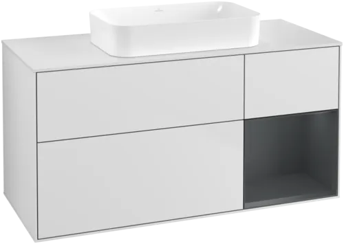 VILLEROY BOCH Toaletní skříňka Finion, s osvětlením, 3 výsuvy, 1200 x 603 x 501 mm, bílý matný lak / půlnoční modrý matný lak / bílé matné sklo #F711HGMT