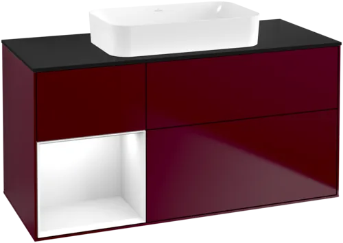 VILLEROY BOCH Toaletní skříňka Finion, s osvětlením, 3 výsuvy, 1200 x 603 x 501 mm, matný lak Peony / lesklý bílý lak / černé matné sklo #F702GFHB