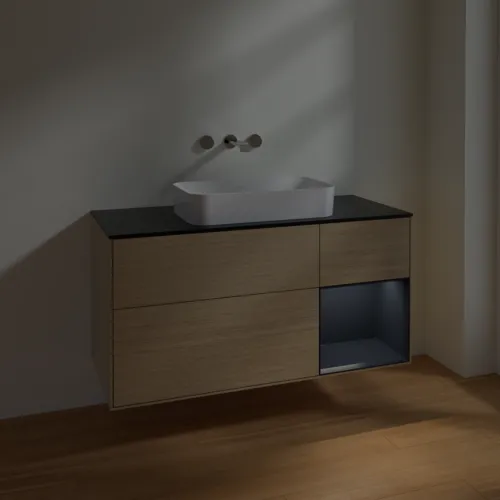 VILLEROY BOCH Toaletní skříňka Finion, s osvětlením, 3 výsuvy, 1200 x 603 x 501 mm, dubová dýha / půlnočně modrý matný lak / černé matné sklo #F712HGPC, obrázek 3