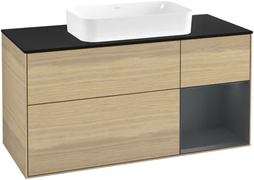 VILLEROY BOCH Toaletní skříňka Finion, s osvětlením, 3 výsuvy, 1200 x 603 x 501 mm, dubová dýha / půlnočně modrý matný lak / černé matné sklo #F712HGPC