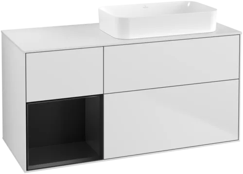 VILLEROY BOCH Toaletní skříňka Finion, s osvětlením, 3 výsuvy, 1200 x 603 x 501 mm, bílý matný lak / černý matný lak / bílé matné sklo #F681PDMT
