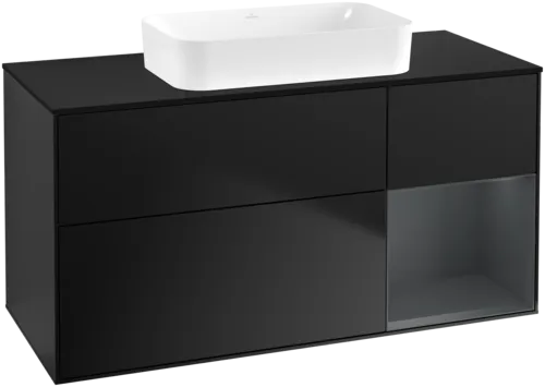 VILLEROY BOCH Toaletní skříňka Finion, s osvětlením, 3 výsuvy, 1200 x 603 x 501 mm, černý matný lak / půlnoční modrý matný lak / černé matné sklo #F712HGPD