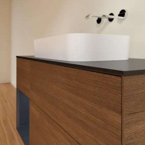 VILLEROY BOCH Toaletní skříňka Finion, s osvětlením, 3 výsuvy, 1200 x 603 x 501 mm, ořechová dýha / půlnočně modrý matný lak / černé matné sklo #F702HGGN, obrázek 4