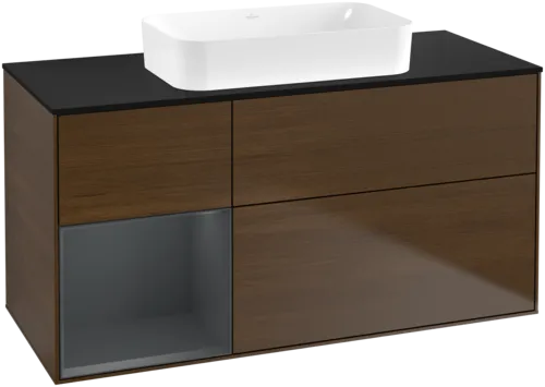 VILLEROY BOCH Toaletní skříňka Finion, s osvětlením, 3 výsuvy, 1200 x 603 x 501 mm, ořechová dýha / půlnočně modrý matný lak / černé matné sklo #F702HGGN
