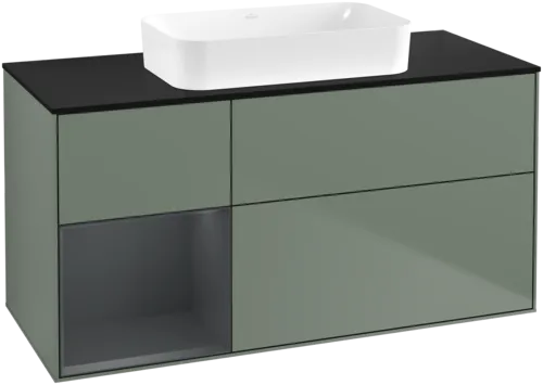 VILLEROY BOCH Toaletní skříňka Finion, s osvětlením, 3 výsuvy, 1200 x 603 x 501 mm, olivový matný lak / půlnoční modrý matný lak / černé matné sklo #F702HGGM