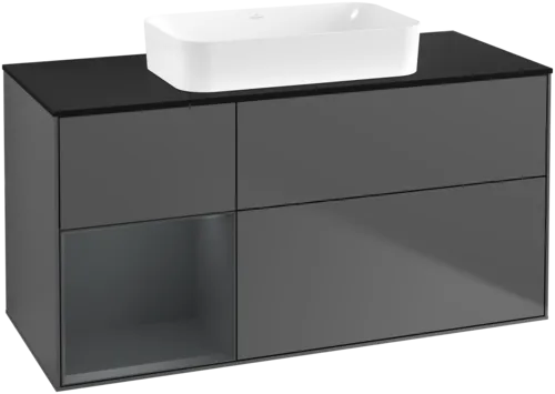 VILLEROY BOCH Toaletní skříňka Finion, s osvětlením, 3 výsuvy, 1200 x 603 x 501 mm, antracitový matný lak / půlnoční modrý matný lak / černé matné sklo #F702HGGK