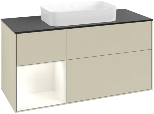 VILLEROY BOCH Toaletní skříňka Finion, s osvětlením, 3 výsuvy, 1200 x 603 x 501 mm, hedvábně šedý matný lak / lesklý bílý lak / černé matné sklo #F702GFHJ
