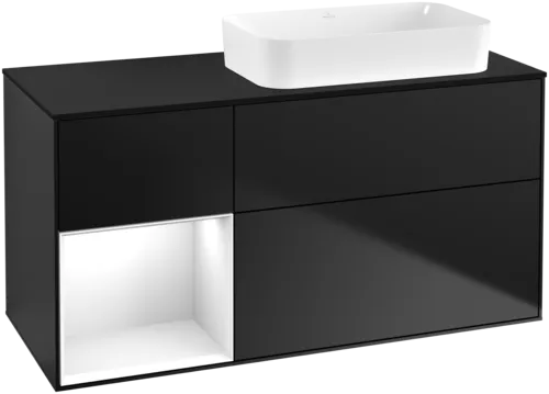 VILLEROY BOCH Toaletní skříňka Finion, s osvětlením, 3 výsuvy, 1200 x 603 x 501 mm, černý matný lak / bílý lesklý lak / černé matné sklo #F682GFPD