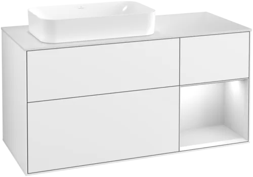 VILLEROY BOCH Toaletní skříňka Finion, s osvětlením, 3 výsuvy, 1200 x 603 x 501 mm, lesklý bílý lak / bílý matný lak / bílé matné sklo #F691MTGF