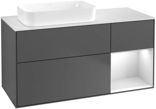 VILLEROY BOCH Toaletní skříňka Finion, s osvětlením, 3 výsuvy, 1200 x 603 x 501 mm, antracitový matný lak / bílý matný lak / bílé matné sklo #F691MTGK