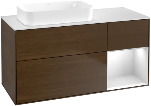 VILLEROY BOCH Toaletní skříňka Finion, s osvětlením, 3 výsuvy, 1200 x 603 x 501 mm, ořechová dýha / bílý matný lak / bílé matné sklo #F691MTGN
