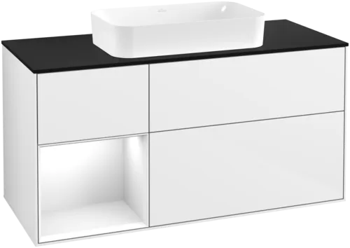 VILLEROY BOCH Toaletní skříňka Finion, s osvětlením, 3 výsuvy, 1200 x 603 x 501 mm, lesklý bílý lak / lesklý bílý lak / sklo černé matné #F702GFGF