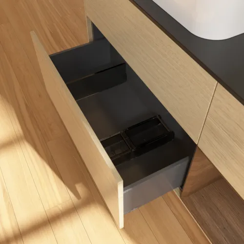 VILLEROY BOCH Toaletní stolek Finion, s osvětlením, 3 výsuvy, 1200 x 603 x 501 mm, dubová dýha / ořechová dýha / sklo černé matné #F692GNPC, obrázek 4