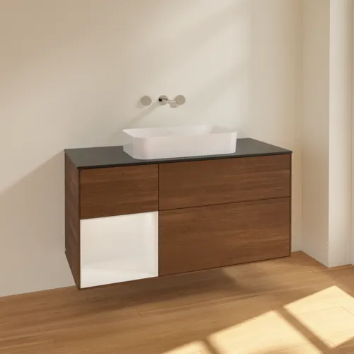 VILLEROY BOCH Toaletní skříňka Finion, s osvětlením, 3 výsuvy, 1200 x 603 x 501 mm, ořechová dýha / lesklý bílý lak / sklo černé matné #F702GFGN, obrázek 2