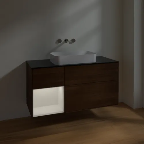 VILLEROY BOCH Toaletní skříňka Finion, s osvětlením, 3 výsuvy, 1200 x 603 x 501 mm, ořechová dýha / lesklý bílý lak / sklo černé matné #F702GFGN, obrázek 4