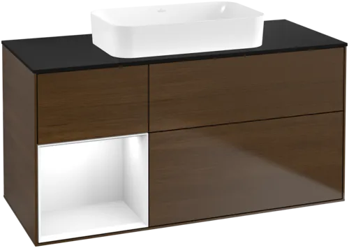 VILLEROY BOCH Toaletní skříňka Finion, s osvětlením, 3 výsuvy, 1200 x 603 x 501 mm, ořechová dýha / lesklý bílý lak / sklo černé matné #F702GFGN