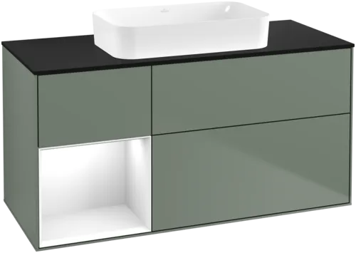VILLEROY BOCH Toaletní skříňka Finion, s osvětlením, 3 výsuvy, 1200 x 603 x 501 mm, olivový matný lak / lesklý bílý lak / sklo černé matné #F702GFGM