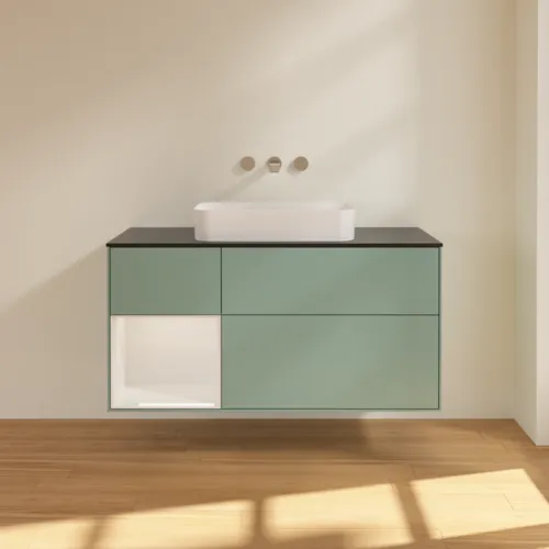 VILLEROY BOCH Toaletní skříňka Finion, s osvětlením, 3 výsuvy, 1200 x 603 x 501 mm, olivový matný lak / lesklý bílý lak / sklo černé matné #F702GFGM, obrázek 2