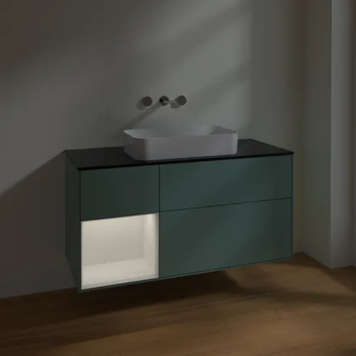 VILLEROY BOCH Toaletní skříňka Finion, s osvětlením, 3 výsuvy, 1200 x 603 x 501 mm, olivový matný lak / lesklý bílý lak / sklo černé matné #F702GFGM, obrázek 3