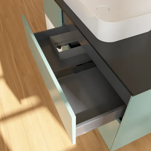 VILLEROY BOCH Toaletní skříňka Finion, s osvětlením, 3 výsuvy, 1200 x 603 x 501 mm, olivový matný lak / lesklý bílý lak / sklo černé matné #F702GFGM, obrázek 5