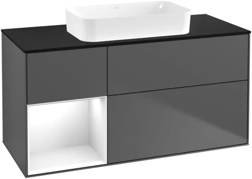 VILLEROY BOCH Toaletní skříňka Finion, s osvětlením, 3 výsuvy, 1200 x 603 x 501 mm, antracitový matný lak / lesklý bílý lak / černé matné sklo #F702GFGK