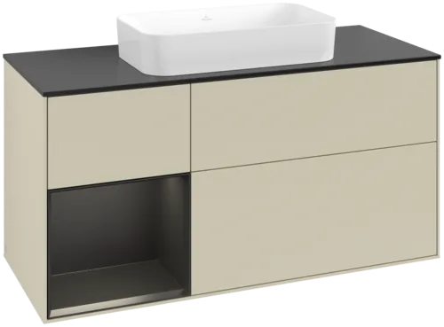 VILLEROY BOCH Toaletní skříňka Finion, s osvětlením, 3 výsuvy, 1200 x 603 x 501 mm, hedvábně šedý matný lak / černý matný lak / černé matné sklo #F702PDHJ