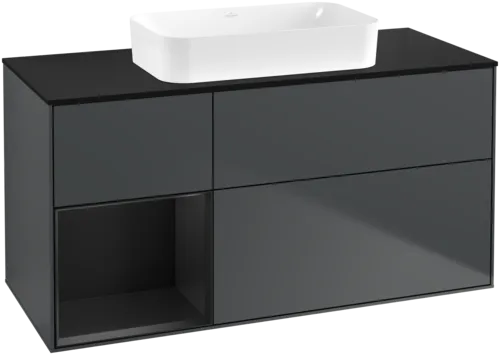 VILLEROY BOCH Toaletní skříňka Finion, s osvětlením, 3 výsuvy, 1200 x 603 x 501 mm, Midnight Blue Matt Lacquer / Black Matt Lacquer / Glass Black Matt #F702PDHG