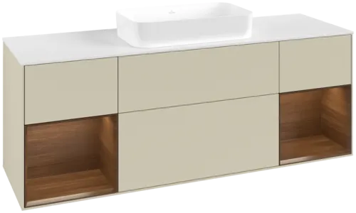 VILLEROY BOCH Toaletní skříňka Finion, s osvětlením, 4 výsuvy, 1600 x 603 x 501 mm, hedvábně šedý matný lak / ořechová dýha / sklo bílé matné #F741GNHJ