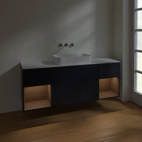 VILLEROY BOCH Toaletní skříňka Finion, s osvětlením, 4 výsuvy, 1600 x 603 x 501 mm, půlnočně modrý matný lak / ořechová dýha / sklo bílé matné #F741GNHG, obrázek 5