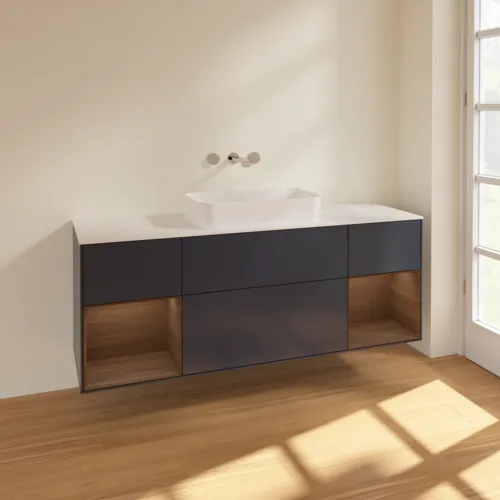 VILLEROY BOCH Toaletní skříňka Finion, s osvětlením, 4 výsuvy, 1600 x 603 x 501 mm, půlnočně modrý matný lak / ořechová dýha / sklo bílé matné #F741GNHG, obrázek 2