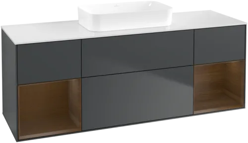 VILLEROY BOCH Toaletní skříňka Finion, s osvětlením, 4 výsuvy, 1600 x 603 x 501 mm, půlnočně modrý matný lak / ořechová dýha / sklo bílé matné #F741GNHG