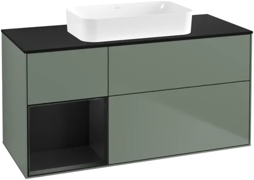 VILLEROY BOCH Toaletní skříňka Finion, s osvětlením, 3 výsuvy, 1200 x 603 x 501 mm, olivový matný lak / černý matný lak / černé matné sklo #F702PDGM