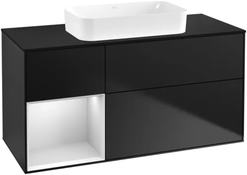 VILLEROY BOCH Toaletní skříňka Finion, s osvětlením, 3 výsuvy, 1200 x 603 x 501 mm, černý matný lak / bílý matný lak / černé matné sklo #F702MTPD