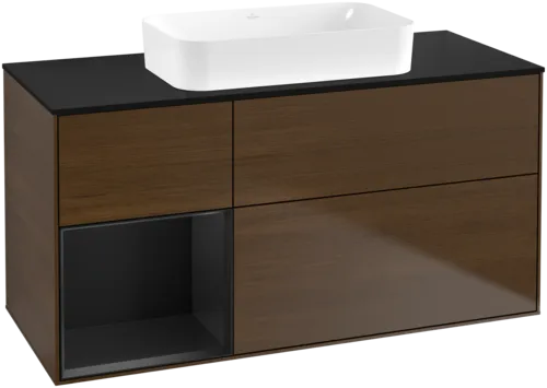 VILLEROY BOCH Toaletní skříňka Finion, s osvětlením, 3 výsuvy, 1200 x 603 x 501 mm, ořechová dýha / černý matný lak / černé matné sklo #F702PDGN