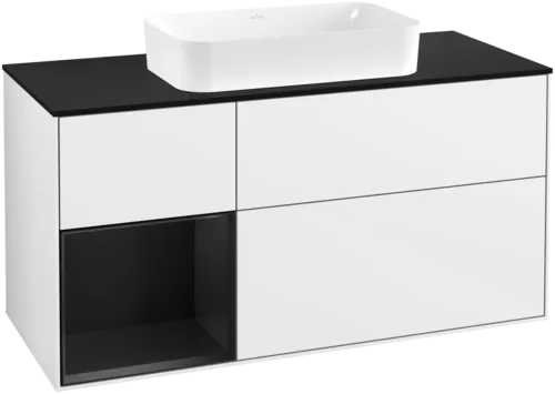 VILLEROY BOCH Toaletní skříňka Finion, s osvětlením, 3 výsuvy, 1200 x 603 x 501 mm, lesklý bílý lak / černý matný lak / černé matné sklo #F702PDGF