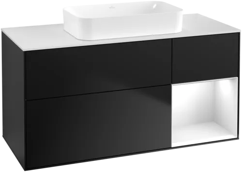VILLEROY BOCH Toaletní skříňka Finion, s osvětlením, 3 výsuvy, 1200 x 603 x 501 mm, černý matný lak / bílý lesklý lak / bílé matné sklo #F711GFPD