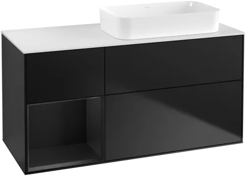 VILLEROY BOCH Toaletní skříňka Finion, s osvětlením, 3 výsuvy, 1200 x 603 x 501 mm, černý matný lak / černý matný lak / sklo bílé matné #F681PDPD