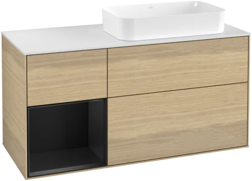 VILLEROY BOCH Toaletní skříňka Finion, s osvětlením, 3 výsuvy, 1200 x 603 x 501 mm, dubová dýha / černý matný lak / bílé matné sklo #F681PDPC