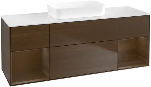 VILLEROY BOCH Toaletní skříňka Finion, s osvětlením, 4 výsuvy, 1600 x 603 x 501 mm, ořechová dýha / ořechová dýha / sklo bílé matné #F741GNGN