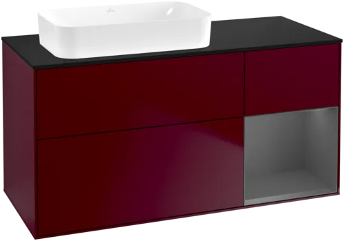 VILLEROY BOCH Toaletní skříňka Finion, s osvětlením, 3 výsuvy, 1200 x 603 x 501 mm, Pivoňka matný lak / Antracit matný lak / Sklo černé matné #F692GKHB