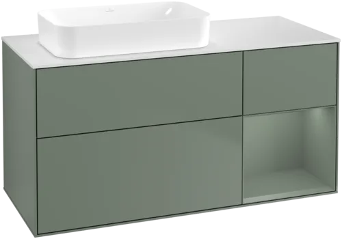 VILLEROY BOCH Toaletní skříňka Finion, s osvětlením, 3 výsuvy, 1200 x 603 x 501 mm, olivově matný lak / olivově matný lak / sklo bílé matné #F691GMGM