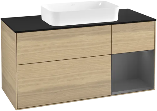 VILLEROY BOCH Toaletní skříňka Finion, s osvětlením, 3 výsuvy, 1200 x 603 x 501 mm, dubová dýha / antracitový matný lak / černé matné sklo #F712GKPC