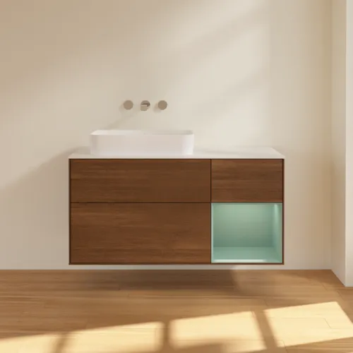 VILLEROY BOCH Toaletní stolek Finion, s osvětlením, 3 výsuvy, 1200 x 603 x 501 mm, ořechová dýha / olivový matný lak / sklo bílé matné #F691GMGN, obrázek 2