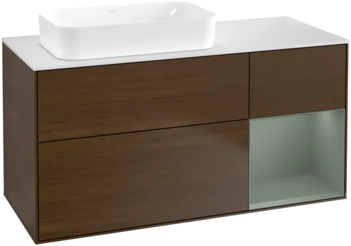 VILLEROY BOCH Toaletní stolek Finion, s osvětlením, 3 výsuvy, 1200 x 603 x 501 mm, ořechová dýha / olivový matný lak / sklo bílé matné #F691GMGN
